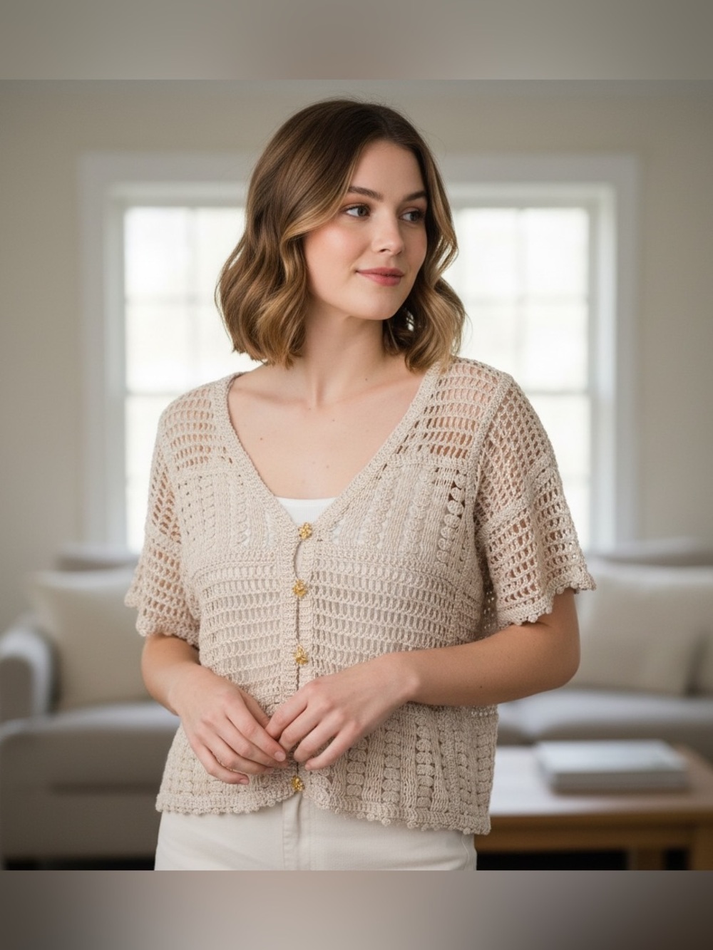 Hand-Knit Crochet V-Neck Cardigan Sweater in Cream New without ticket